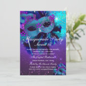 ティール（緑がかった色）パープルフェザージュエルマスクマスカレード招待状 招待状 (スタンド正面)