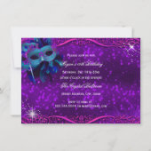 ティール(緑がかった色)パープルフェザーマスクマスカレードスウィート16 招待状 (裏面)