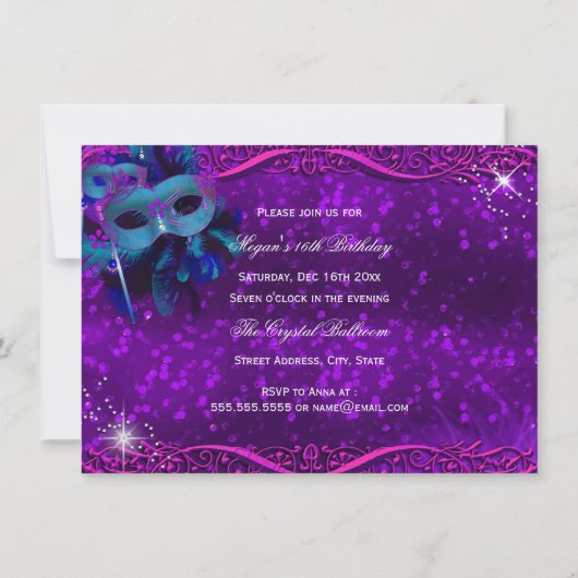ティール（緑がかった色）パープルフェザーマスクマスカレードスウィート16 招待状 (裏面)