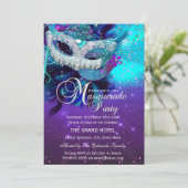 ティール（緑がかった色）パープルフェザーマスクマスカレード誕生日2 招待状 (スタンド正面)