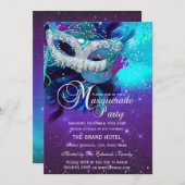 ティール（緑がかった色）パープルフェザーマスクマスカレード誕生日2 招待状 (正面/裏面)