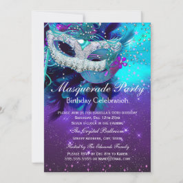 ティール（緑がかった色）パープルフェザーマスクマスカレード誕生日 招待状