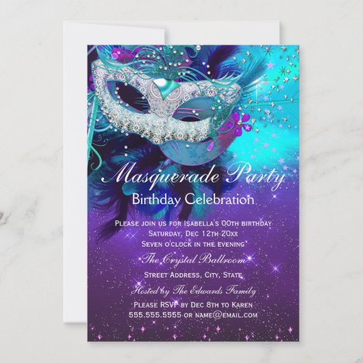 ティール（緑がかった色）パープルフェザーマスクマスカレード誕生日 招待状 (正面)