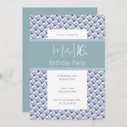 ティール(緑がかった色)パープルフエマグノリアスウィート16thバースデーパーティー 招待状 (正面/裏面)