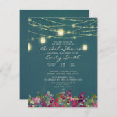 ティール(緑がかった色)パープルフローラストリングライトブライダルシャワー 招待状 (正面/裏面)