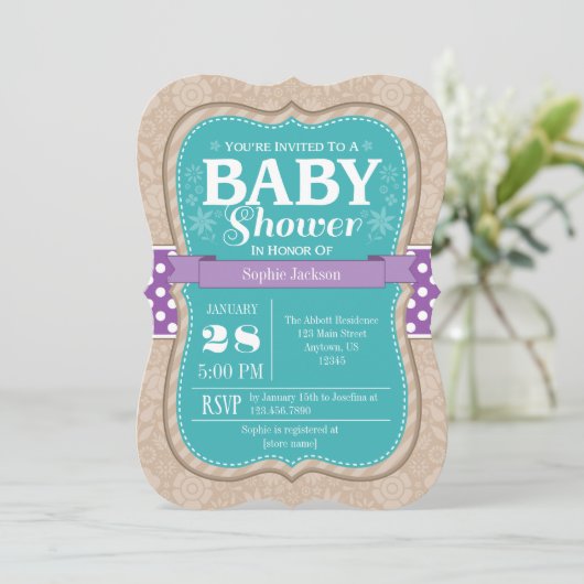 ティール(緑がかった色)パープルフローラフラワーベビーシャワー招待状 招待状 (スタンド正面)