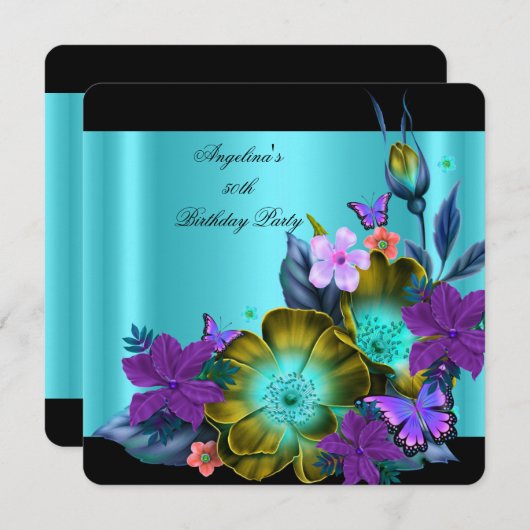 ティール（緑がかった色）パープルフローラブラック金ゴールド誕生日パーティー2 招待状 (正面/裏面)