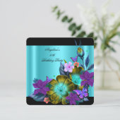 ティール（緑がかった色）パープルフローラブラック金ゴールド誕生日パーティー2 招待状 (スタンド正面)