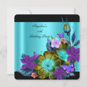 ティール（緑がかった色）パープルフローラブラック金ゴールド誕生日パーティー2 招待状 (正面)