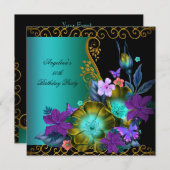 ティール(緑がかった色)パープルフローラブラック金ゴールド誕生日パーティー 招待状 (正面/裏面)