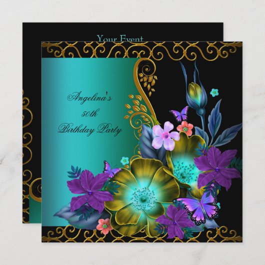 ティール(緑がかった色)パープルフローラブラック金ゴールド誕生日パーティー 招待状 (正面/裏面)