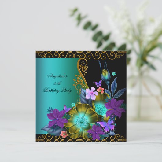 ティール(緑がかった色)パープルフローラブラック金ゴールド誕生日パーティー 招待状 (スタンド正面)