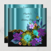 ティール(緑がかった色)パープルフローラブラック金ゴールド誕生日パーティー 招待状 (正面/裏面)