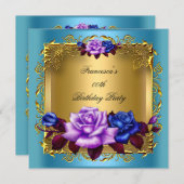 ティール（緑がかった色）パープルブルーバラ金ゴールド誕生日パーティー 招待状 (正面/裏面)