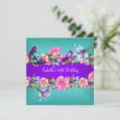 ティール(緑がかった色)パープルブルーピンクバタフライバースデーパーティー2 招待状 (スタンド正面)