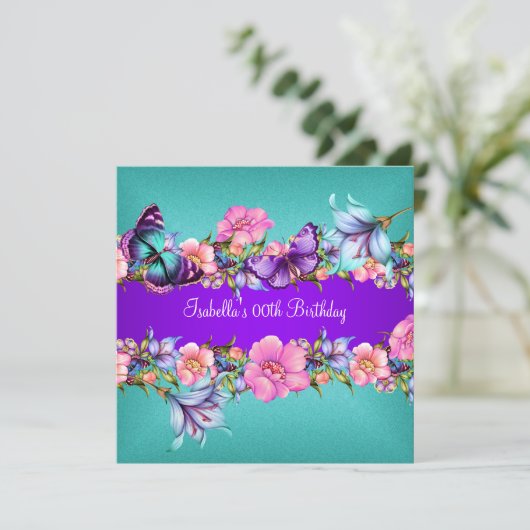 ティール(緑がかった色)パープルブルーピンクバタフライバースデーパーティー2 招待状 (スタンド正面)