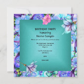 ティール(緑がかった色)パープルブルーピンクバタフライバースデーパーティー2 招待状 (裏面)