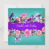 ティール(緑がかった色)パープルブルーピンクバタフライバースデーパーティー2 招待状 (正面)
