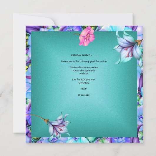 ティール（緑がかった色）パープルブルーピンクバタフライバースデーパーティー 招待状 (裏面)