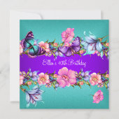 ティール（緑がかった色）パープルブルーピンクバタフライバースデーパーティー 招待状 (正面)