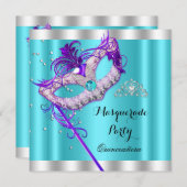 ティール（緑がかった色）パープルマスカレードキンセアニェラパーティーマスク 招待状 (正面/裏面)