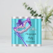 ティール（緑がかった色）パープルマスカレードキンセアニェラパーティーマスク 招待状 (スタンド正面)