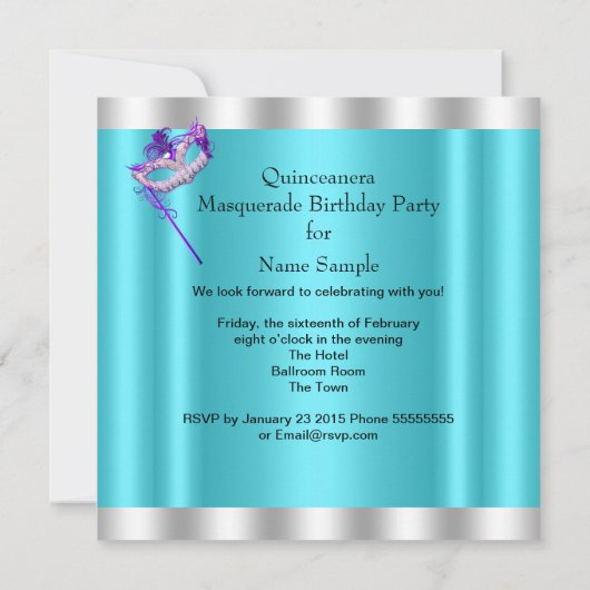 ティール（緑がかった色）パープルマスカレードキンセアニェラパーティーマスク 招待状 (裏面)