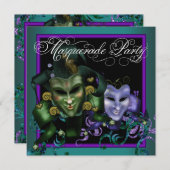 ティール(緑がかった色)パープルマスカレードパーティの招待状 招待状 (正面/裏面)