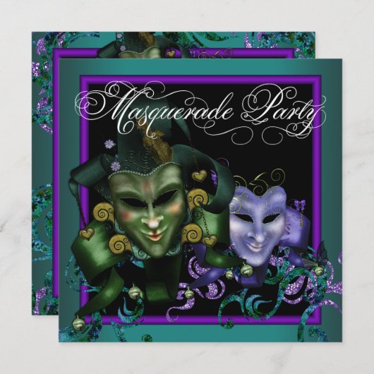 ティール（緑がかった色）パープルマスカレードパーティの招待状 招待状 (正面/裏面)