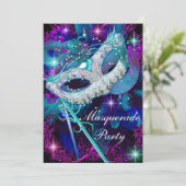 ティール(緑がかった色)&パープルマスカレードボールパーティの招待状 招待状 (スタンド正面)