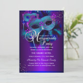 ティール(緑がかった色)&パープルマスクマスカレードパーティー招待状 招待状 (スタンド正面)