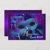 ティール(緑がかった色)&パープルマスクマスカレードパーティーRSVP 招待状 (正面/裏面)