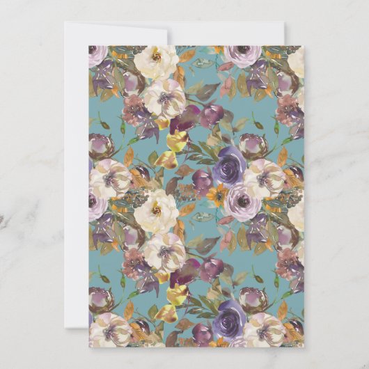 ティール（緑がかった色）パープルマスタードアイボリーフローラ80誕生日 招待状 (裏面)