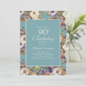 ティール（緑がかった色）パープルマスタードアイボリーフローラ90th誕生日 招待状 (スタンド正面)
