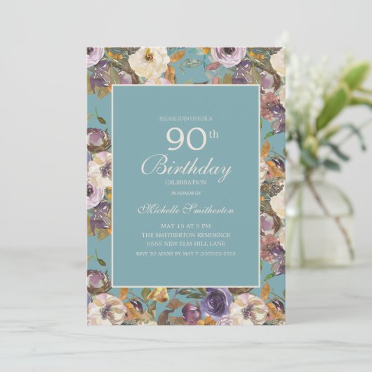 ティール（緑がかった色）パープルマスタードアイボリーフローラ90th誕生日 招待状 (スタンド正面)
