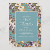 ティール（緑がかった色）パープルマスタードアイボリーフローラ90th誕生日 招待状 (正面/裏面)