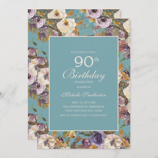 ティール（緑がかった色）パープルマスタードアイボリーフローラ90th誕生日 招待状 (正面/裏面)