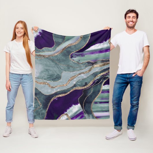 ティール(緑がかった色)パープルマーブルアゲート金ゴールドグリッターグラム#1 フリースブランケット (インサイチュ)
