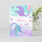 ティール(緑がかった色)パープルマーメイドテール誕生日招待状 招待状 (スタンド正面)