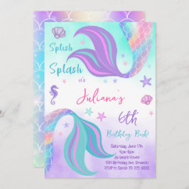 ティール(緑がかった色)パープルマーメイドテール誕生日招待状 招待状