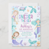 ティール(緑がかった色)パープルメルメイドオンダーザシー1st誕生日 招待状 (正面)