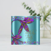 ティール（緑がかった色）パープル金ゴールドフローラ誕生日パーティー 招待状 (スタンド正面)