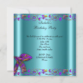 ティール（緑がかった色）パープル金ゴールドフローラ誕生日パーティー 招待状 (裏面)
