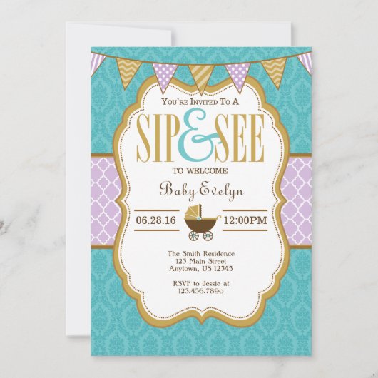 ティール（緑がかった色）パープル金ゴールドSipとsee招待状 招待状 (正面)