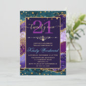 ティール（緑がかった色）&パープル&フェイク金ゴールドグリッターアゲート誕生日 招待状 (スタンド正面)