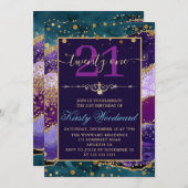 ティール（緑がかった色）&パープル&フェイク金ゴールドグリッターアゲート誕生日 招待状 (正面/裏面)