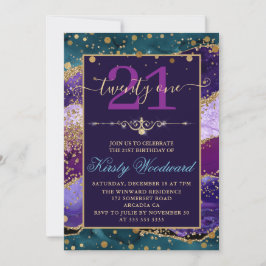 ティール（緑がかった色）&パープル&フェイク金ゴールドグリッターアゲート誕生日 招待状