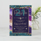 ティール（緑がかった色）&パープル&金ゴールドグリッターアゲートバースデーパーティー 招待状 (スタンド正面)