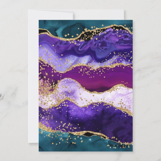 ティール（緑がかった色）&パープル&金ゴールドグリッターアゲートバースデーパーティー 招待状 (裏面)
