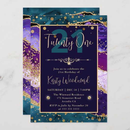 ティール(緑がかった色)&パープル&金ゴールドグリッターアゲートバースデーパーティー 招待状 (正面/裏面)